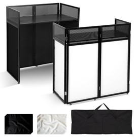 Portable DJ Booth Table Station 44"x42.2"x20.6", Foldable Metal Frame DJ Facade with Black & White Scrims, Detachable 40"x20" DJ Table, Adjustable Height, Carry Bag for Show, Party, Wedding, Events