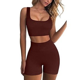 QINSEN High Waisted Booty Shorts for Women Ribbed Crop Tank Tops Seamless 2 Piece Outfits 04 Coffee S