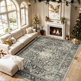 Area Rug 9x12 Living Room Rug, Soft Vintage Washable Rug with Anti-Skid Backing Stain Resistant Thin Indoor Carpet Large Area Rug for Bedroom Under Dining Room Table Nursery-Black