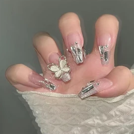 XUZOO 24 Pcs Nail Tips, 3D Nails, Short and Long, Cute, Floral Pattern, Stylish, Popular, False Nails, Nail Tip, Simple, Nail Sticker, Includes Double-Sided Tape (White Butterfly)