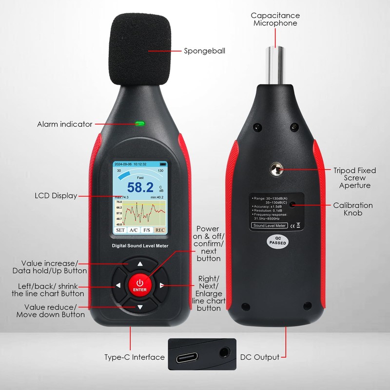 Sound Level Meter Decibel Meter Data Logger with A/C Frequency