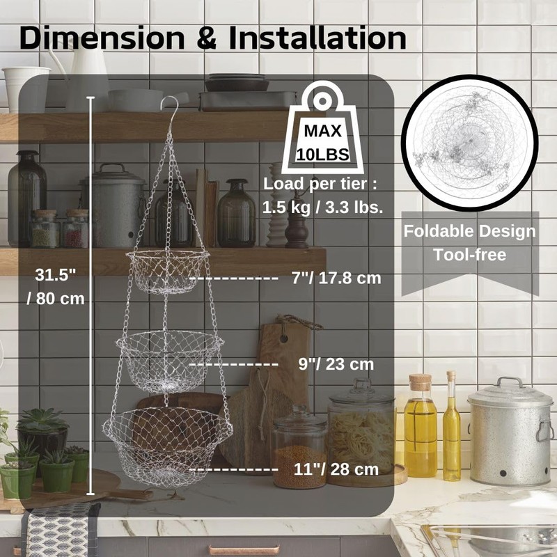 IBERG 3 Tier Hanging Fruit Basket, Metal Hanging Baskets for