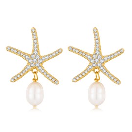 RAUCHBE Gold Rhinestone Starfish Earrings Pearl Drop Earring Beachy Vacation Earrings Summer Trendy Jewelry