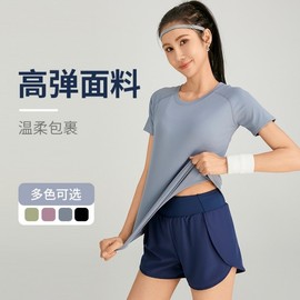 Women's Summer Thin Short-Sleeve Yoga & Fitness Sports Set New M/Gray Lake Blue 5ea