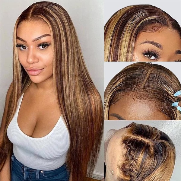 Ombre Highlight Lace Front Wigs Human Hair MSGEM Brazilian Straight 13 x 6 T Part Lace Front Wigs for Black Women 24 Inch 4/27 HD Lace Front Wigs Pre Plucked with Baby Hair 150% Density