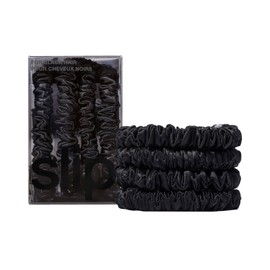 Slip Silk Skinny Scrunchies - Negro | Juego de 4 coleteros delgados de seda pura | 100% seda de morera, antiarrugas, suave en el cabello, reduce la rotura, elegante y duradero, ideal para todo tipo de