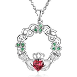 Dreamboat Sterling Silver Claddagh Necklace for Women Celtic Knot Irish Necklace Clover Shamrock Necklaces Red Garnet January Birthstone Necklace Good Luck ST Patricks Day Jewelry Gift for Mom, Large,