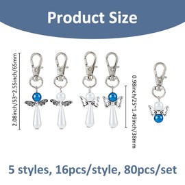 SUPERFINDINGS 80Pcs 5 Styles Angel Pearl Keychains Blue Angel Wing Favor Charms Beads Fairy Dangle Charms with Alloy Swivel Clasps Hook for Bag Purse Key Holders 5.3cm~6.3cm