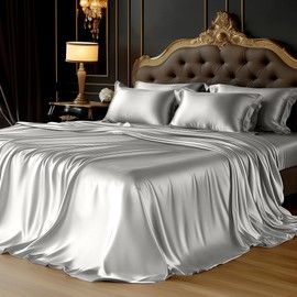 Degrees of Comfort Light Grey Satin Sheet Set King Size – 6 Piece Silky and Soft Bed Sheets with 14 Inches Deep Pocket
