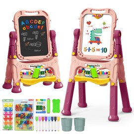 Juivin Art Easel for Kids with Magnetic Drawing Board, Double Sided Easel with Magnetic Letters & Numbers Easel, Adjustable Standing Easel for Toddler, Creative Play for Kids (Pink)
