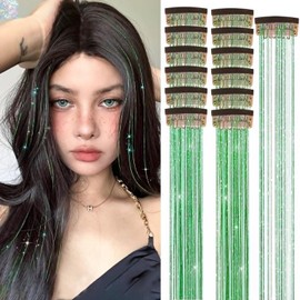 Hair Tinsel Kit, 47 Inches Glitter Heat Resistant Tinsel Hair Extensions Tensile with Hair Beads Wigs Tools & Accessories Tools Gift Set for Halloween Christmas Decoration Women Girls (Clip-Green)