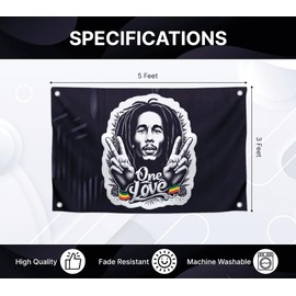 3x5 Feet Marley Wall Hanging Tapestry Flag with One Love with Four Brass Grommets - Aesthetic Rasta Stoners Tapastry - Hippie Decorations Posters for Jamaican Party - Polyester Flag with Men