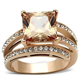 Marimor Jewelry Women's Stainless Steel Rose Gold Princess Cut Champagne Zirconia Cocktail Ring Size 5