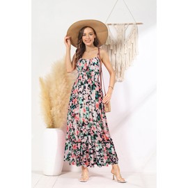 Long Dresses for Women Spaghetti Strap Sleeveless Casual Summer Floral Maxi Dress Green Black Floral L