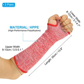 PATIKIL 14 Inch Cut Resistant Sleeve, 3 Pairs Arm Safety Protectors Sleeves with Thumb Hole Level 5 Protection Forearm Guard Sleeves for Thin Skin and Bruising, M, Red