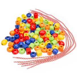 New Classic Toys 10575 Wooden Lacing Beads-90 5 Cords, 90 Pieces-Deluxe