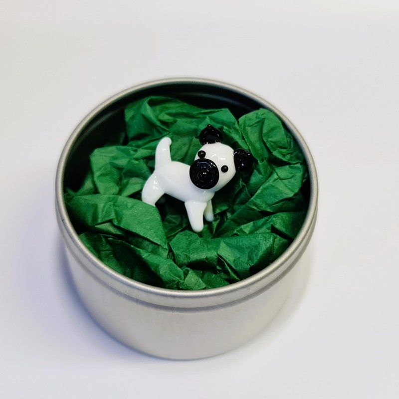 Mini Pug Puppy in a Tin - Cute Little Glass