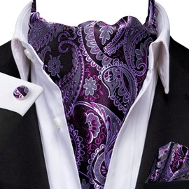 Hi-Tie Silk Ascot for Men Self Tie Men's Cravat and Flower Lapel Pin Handkerchief Cufflinks Set for Wedding Party,Purple and White