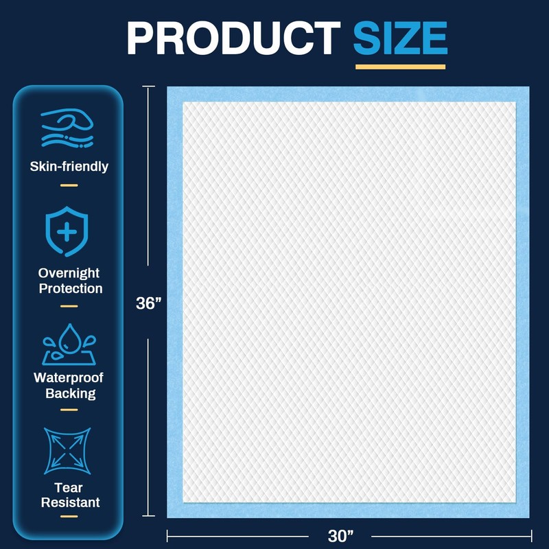 AAY Disposable Bed Pads 30"X36" (100pcs) Tear-Resistant Cloth Backing Underpads