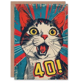 Artery8 Surprise Retro Style Forty 40 Year Old Cat Lover Blank For Him Or Her Art Birthday Card