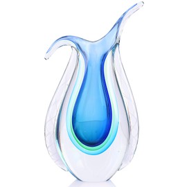 Blue Hand Blown Glass Vase – Oval Decorative Art Glass for Centerpieces, Murano Inspired Decor for Dining Room, Entryway Table, or Shelf, Handmade Glass Vase for Home Display (Blue Green)