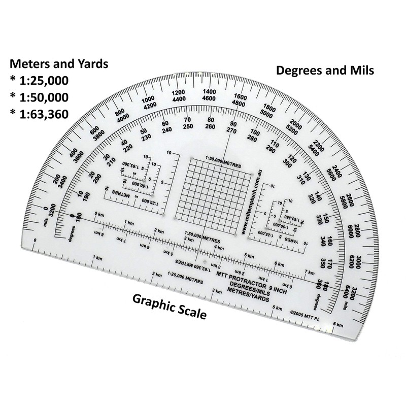 Military Protractor 9 Inch — Degrees & Mils, Meters &