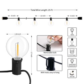 G40 Outdoor String Lights LED 25Feet Patio Lights with 27 LED Shatterproof Bulbs(2 Spare), Waterproof Globe Hanging Lights for Backyard Decor Bistro Party Yard Decor, E12 Socket, 2200K, Black Wire