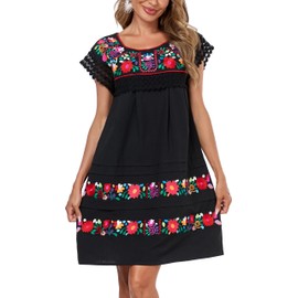 YZXDORWJ Women's Mexican Dress Peasant Embroidered Floral Linen Dresses Summer Mini Lace Short Sleeve Bohemian Dress (L, 523BK)