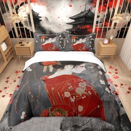Homemissing Kids Japan Geisha Bedding Set Double Size Boys Girls Cherry Blossoms Comforter Cover Set Japanese Style Duvet Cover Japanese Tradition Aesthetic Bedspread Cover (No Comforter)
