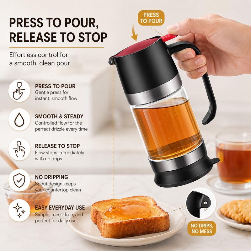Glass Honey Dispenser for Easy Serving – 300mL Press-Handle Bottom