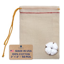 Celestial Gifts Muslin Bags - Drawstring Bags Small 50pcs - 3x4, Reusable Tea Bags, Jewelry Gift, Spice and Cotton Gift Sachet Bags - 100% Cotton - Made in USA - (Red Hem & Orange Drawstring)