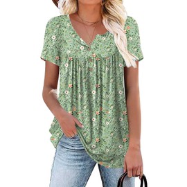 Aodemo Womens Summer Plus Size Tops 2025 Short Sleeve Shirts Henley Loose Fit Tunic Ladies Flowy Blouse 2XL, Green Flowers