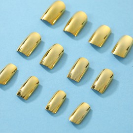 Gold Press on Nails Short Square Chrome Fake Nails Mirror Design Gold Metal Nails Press ons Artificial Acrylic Nails Gold Chrome False Nails Full Cover Stick On Nails for Women Girls 24Pcs