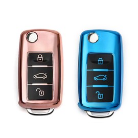 Pack of 2 Car Key Case, Key Box, Car Key Protective Case Compatible with VW Polo, Passat, Skoda, 3-Button Key Case (Blue + Rose Gold)
