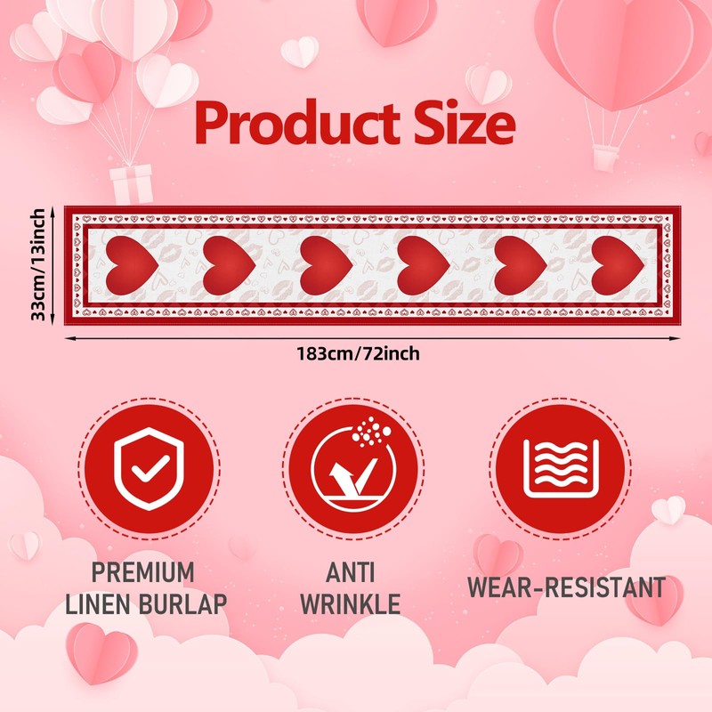 Valentine's Day Heart Table Runner 72 x 13 Inch Decorations,