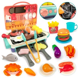 TALGIC BBQ Cooking Kitchen Set, BBQ Grill Toy Set,  Color Changing Pretend Play, Little Chef Play,:_Pink (with fries and hamburger)
