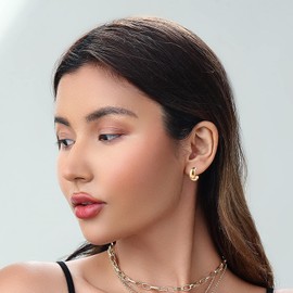 Golden Chunky Hoop Earrings Set for Women, Golden Plated Twisted Huggie Hoop Earring Hypoallergenic, Thick Open Hoops Set Lightweight