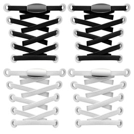 2 Pairs of 5 mm Wide Elastic Shoelaces Without Tying Universal Shoe Laces with Metal Lock, No Tie Shoelaces for Shoes of Different Sizes, 110 cm Long, Black and White