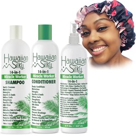 Zomac Satin Bonnet with 14 in 1 Miracle Worker Hair Moisturizer, Shampoo, and Conditioner Gift Set. Includes Gift Bag. Pamper Yourself or a Friend (Hearts)