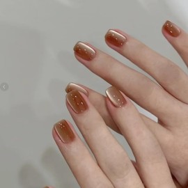 Press On Nails, Cat Eye‘s Beauty Pattern in Glue on Nails, Fake Nails, Stick On Nails, Short Almond Square Shape on 24PCS (Amber)