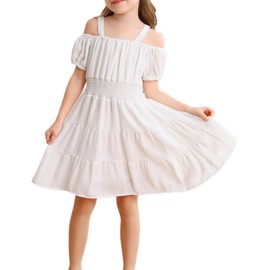 aichilra Girls Casual Summer Floral Dress Puff Sleeve Off-Shoulder Holiday Cami Dresses White 12-13T