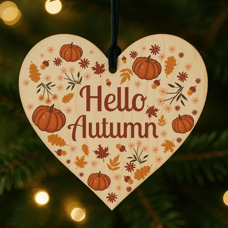 Red Ocean Hello Autumn Decorations Hanging Wooden Heart Plaque Autumn