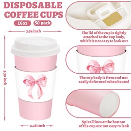 FYSUIMU 50 Sets Pink Coffee Cups with Lids and Watercolor Bow Sleeves 16oz Bowknot Paper Cups Disposable To Go Coffee Cups for Birthday Baby Shower Bachelorette Party
