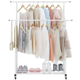 Calmootey Double Rod Clothing Garment Rack,Rolling Hanging Clothes Rack,Portable Clothes Organizer for Bedroom,Living Room,Clothing Store,White