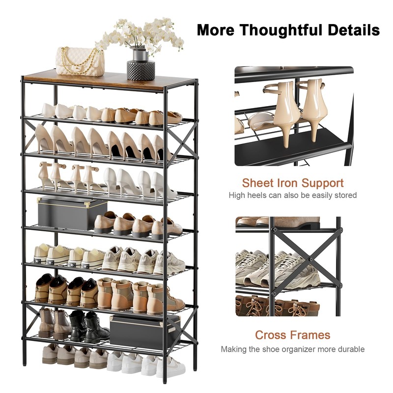 8 Tier Metal Shoe Rack with Wood Top, 24-32 Pairs