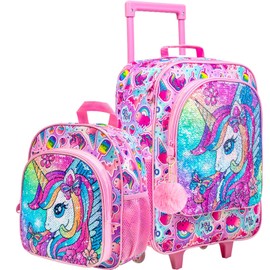 18" Kids Suitcase Set, 2Pcs Girls Unicorn Carry on Luggage with Wheels, Cute Sequin Children Travel Rolling with 12" Toddler Backpack(Pink)
