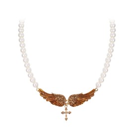 Flyonce Angel Wing Necklace, Rhinestone Crystal Simulated Pearls Enamel Wings Choker Necklace with Cross Pendant Brown