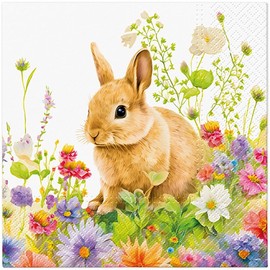 20 Servietten Tiere Hase an bunten Blumenfeld als Tischdeko. Papierservietten mit Motiv. Auch für Decoupage und Serviettentechnik 33x33cm