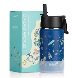 Mollcity 350ML Water Bottle with Straw-Stainless Steel Vacuum Insulated Wide Mouth Water Bottle Flask for Boys, BPA-Free, Leak Proof