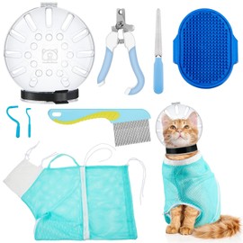 Patelai 8 Pcs Cat Grooming Kit: Muzzle, Breathable Helmet, Brush, Tick Remover, Nail Clipper, File for Bathing and Trimming (Blue, L Size)